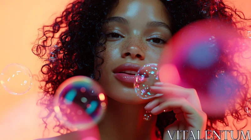 Dreamy Woman Portrait with Bubbles and Curly Hair AI Image