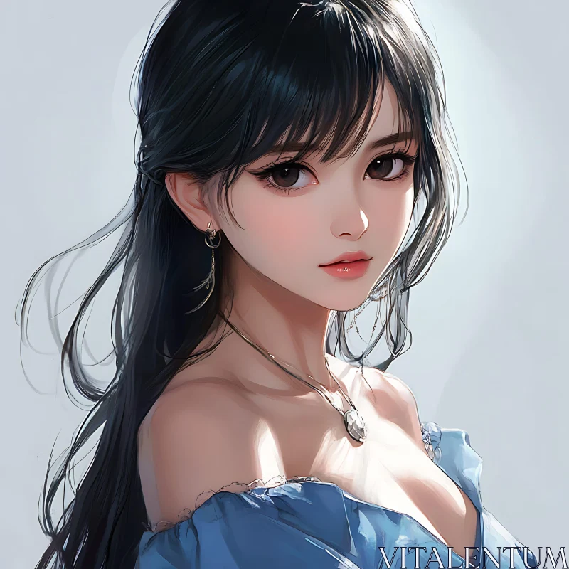 Graceful Anime Woman with Dark Hair and Blue Dress AI Image