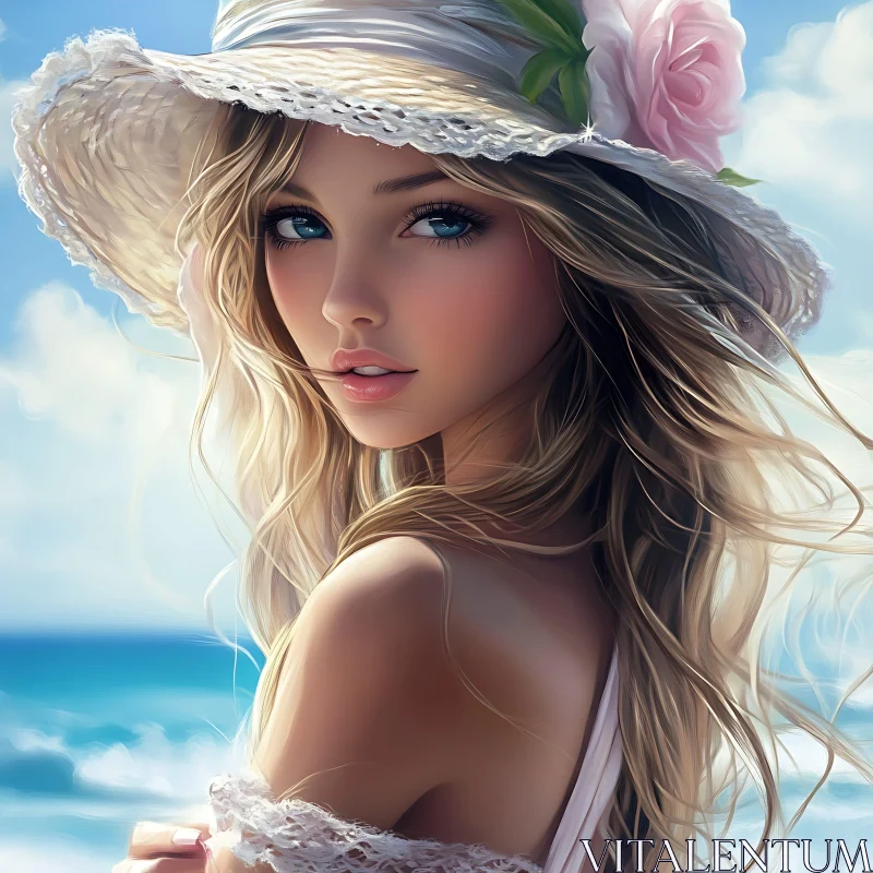 AI ART Beachside Woman with a Floral Hat