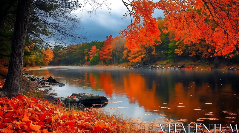 Peaceful Lake Surrounded by Colorful Autumn Trees AI Image