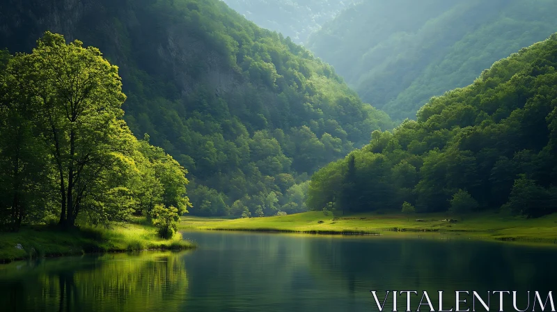 Peaceful Lake in Verdant Mountain Valley AI Image