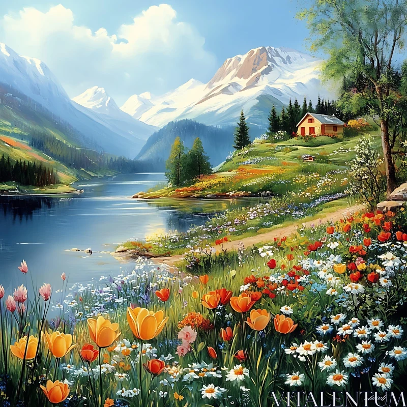 Serene Mountain and Lake View with Blooming Flowers Serene Mountain and Lake View with Blooming Flowers