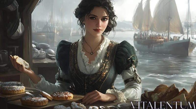 Historical Portrait of a Woman with Pastries by the Sea Historical Portrait of a Woman with Pastries by the Sea