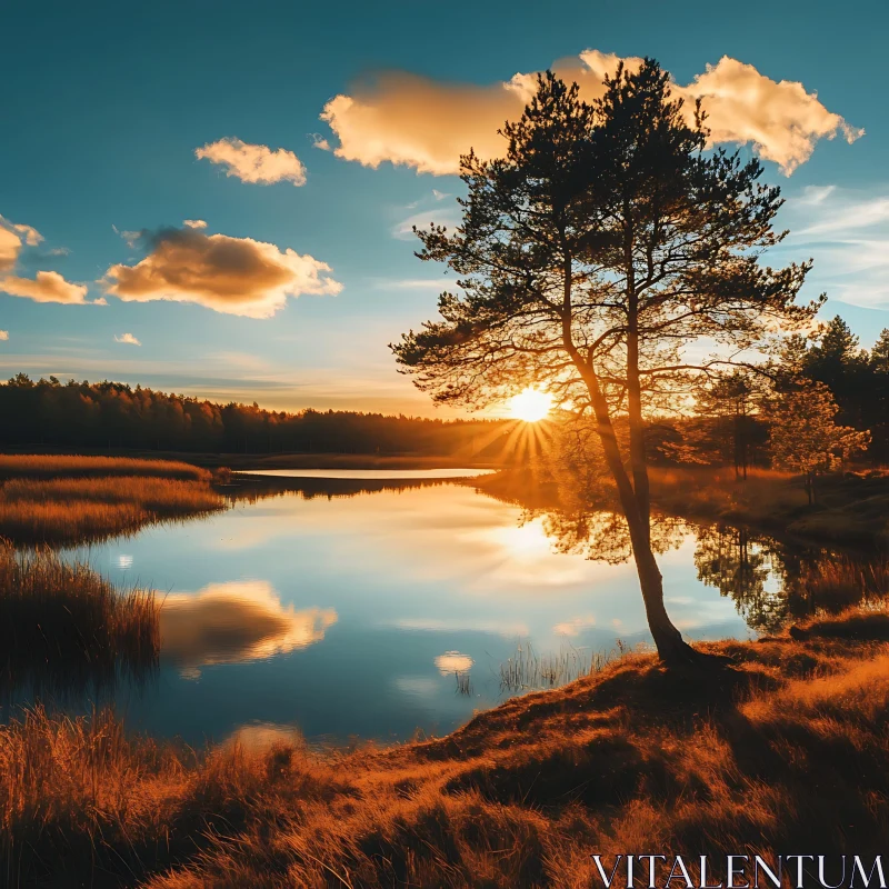 Serene Sunset Over Lake with Reflective Water and Tree Serene Sunset Over Lake with Reflective Water and Tree