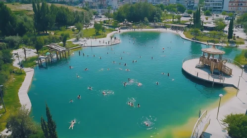 Scenic Park Lake with Swimmers
