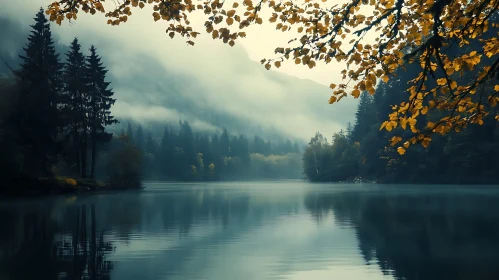 Tranquil Foggy Lake with Reflective Waters and Forest
