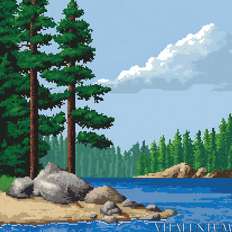 Pixel Art of Tranquil Lake and Forest