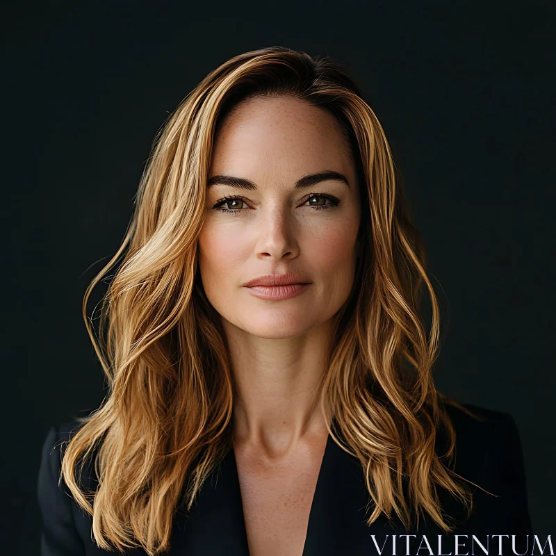 Confident Woman with Brunette Wavy Hair in Black Blazer Confident Woman with Brunette Wavy Hair in Black Blazer