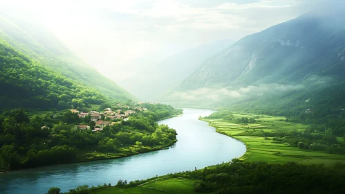 Tranquil River Valley with Verdant Landscape