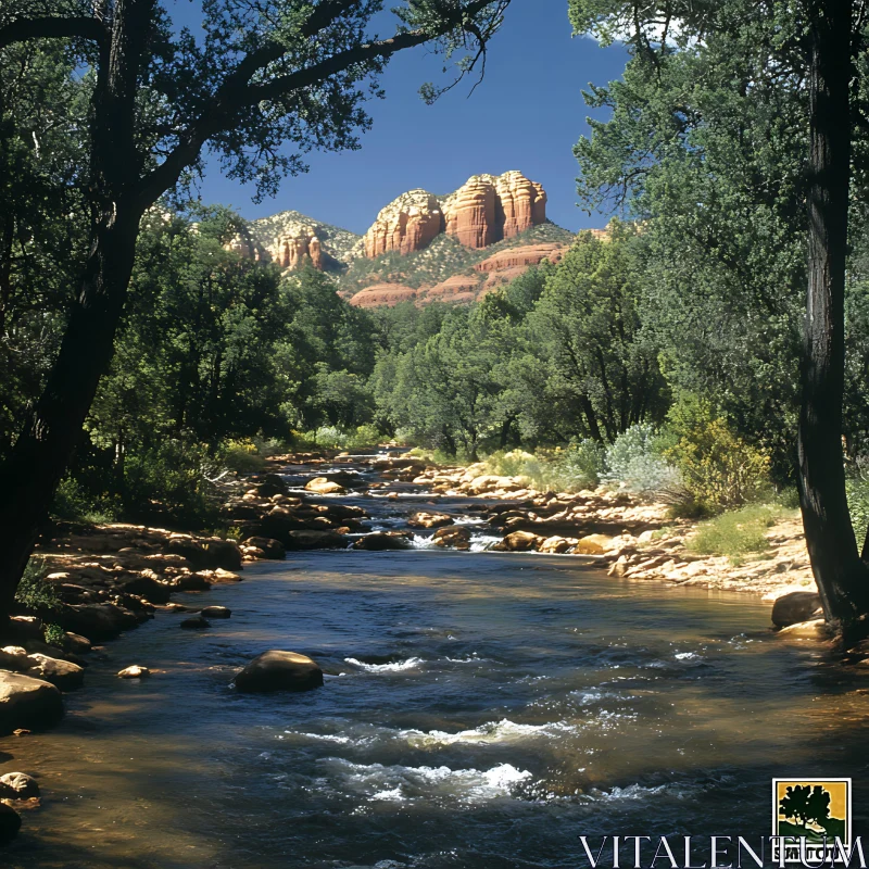 Tranquil River in a Forest with Red Rock Mountains Tranquil River in a Forest with Red Rock Mountains