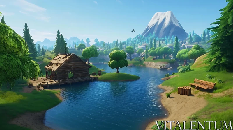 Peaceful Nature Scene with Water, Cabin, and Mountain Peaceful Nature Scene with Water, Cabin, and Mountain