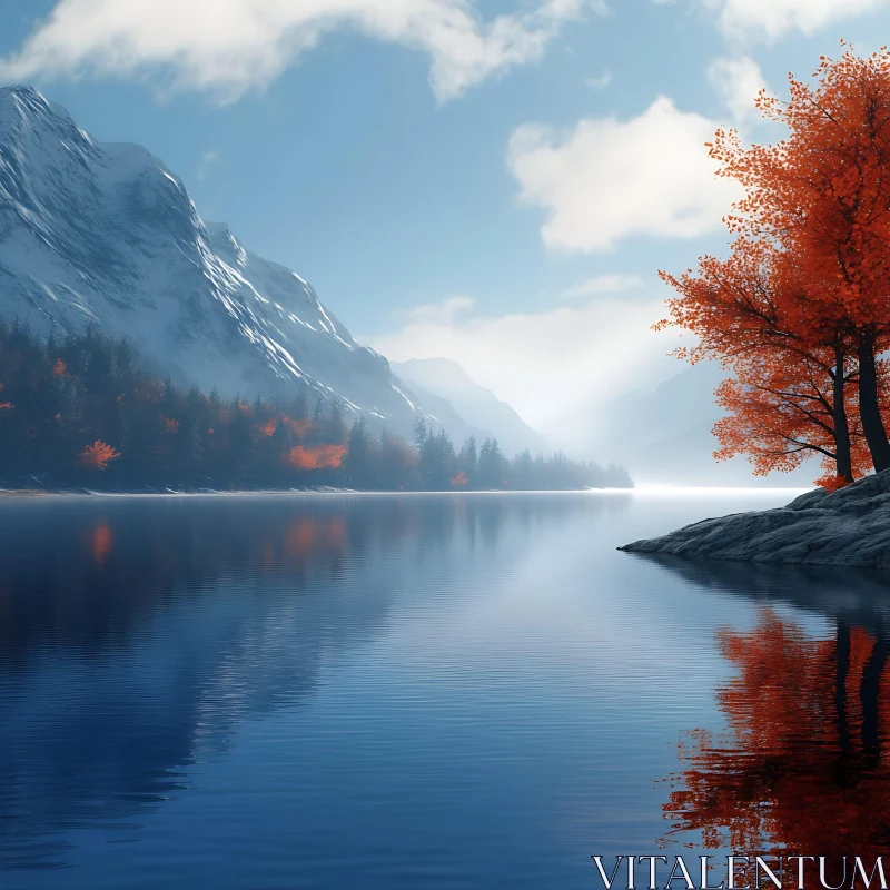Tranquil Lake View with Mountains and Red Trees Tranquil Lake View with Mountains and Red Trees