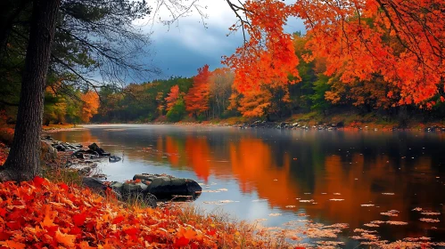 Peaceful Lake Surrounded by Colorful Autumn Trees