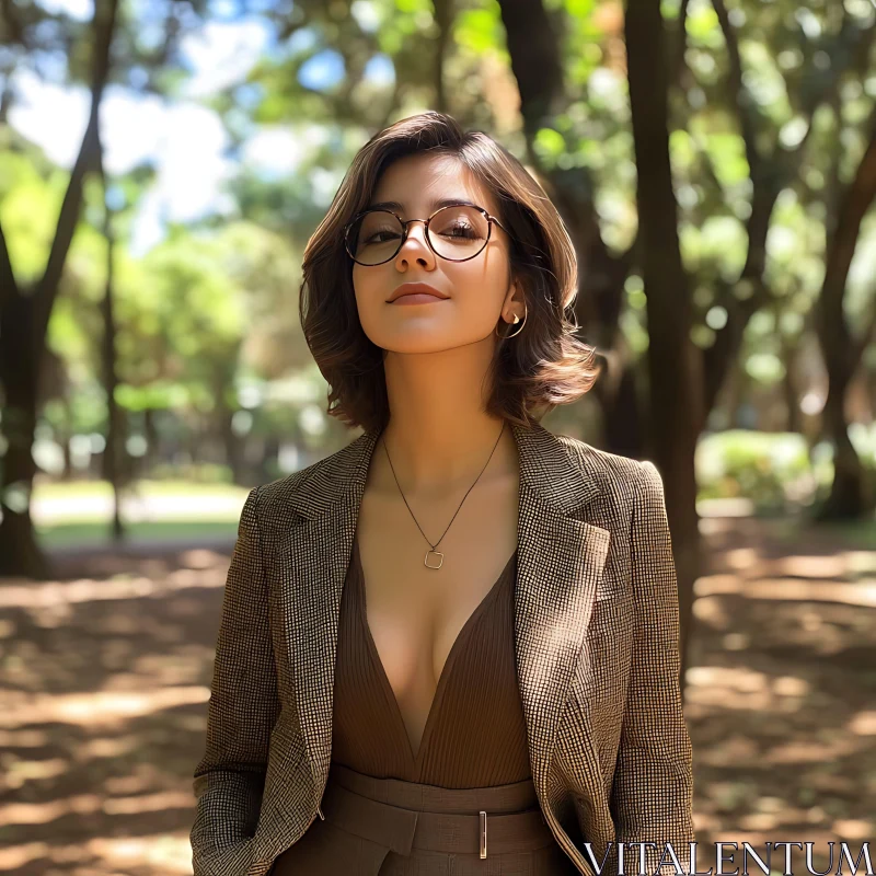 Poised Woman with Glasses in Outdoor Setting Poised Woman with Glasses in Outdoor Setting