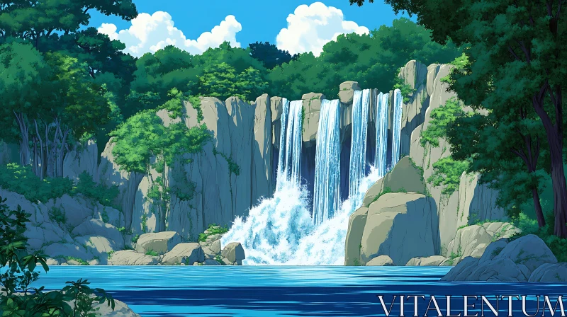 Waterfall Cascading into a River Amidst Green Foliage Waterfall Cascading into a River Amidst Green Foliage