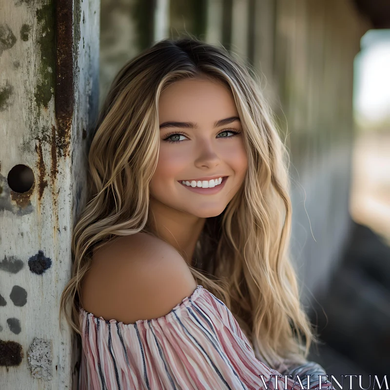 Smiling Blonde Woman in Striped Top