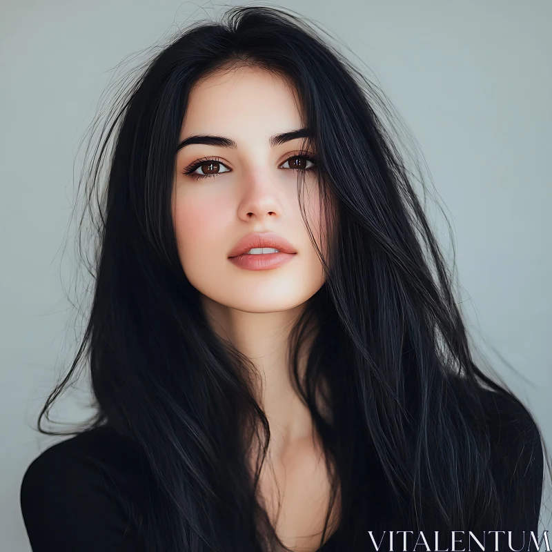 Youthful Woman with Long Black Hair Portrait