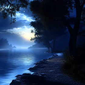 Nocturnal River Scene Lit by Moonlight