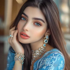 Woman with Blue Eyes and Elegant Attire