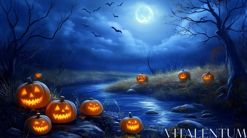 Eerie Night with Jack-o'-Lanterns and Bats by the River AI Image