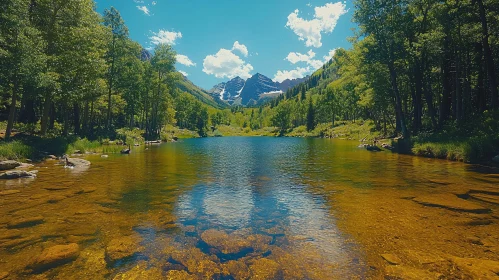 Serene Lake Amidst Forest and Mountains