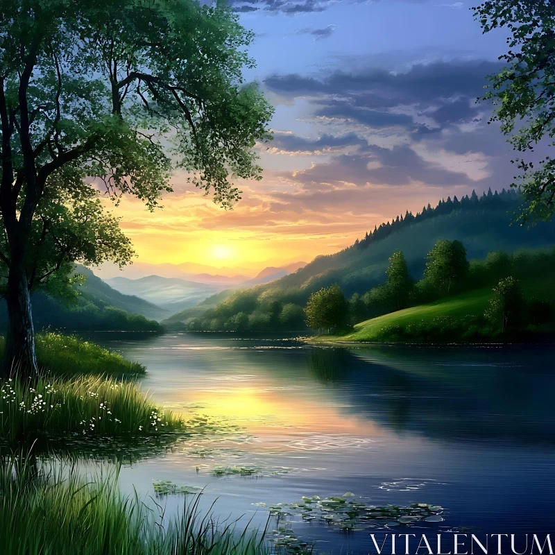 Tranquil Sunset Over a Peaceful River and Verdant Hills AI Image