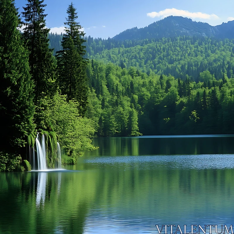 Serene Lake with Waterfall and Forest AI Image