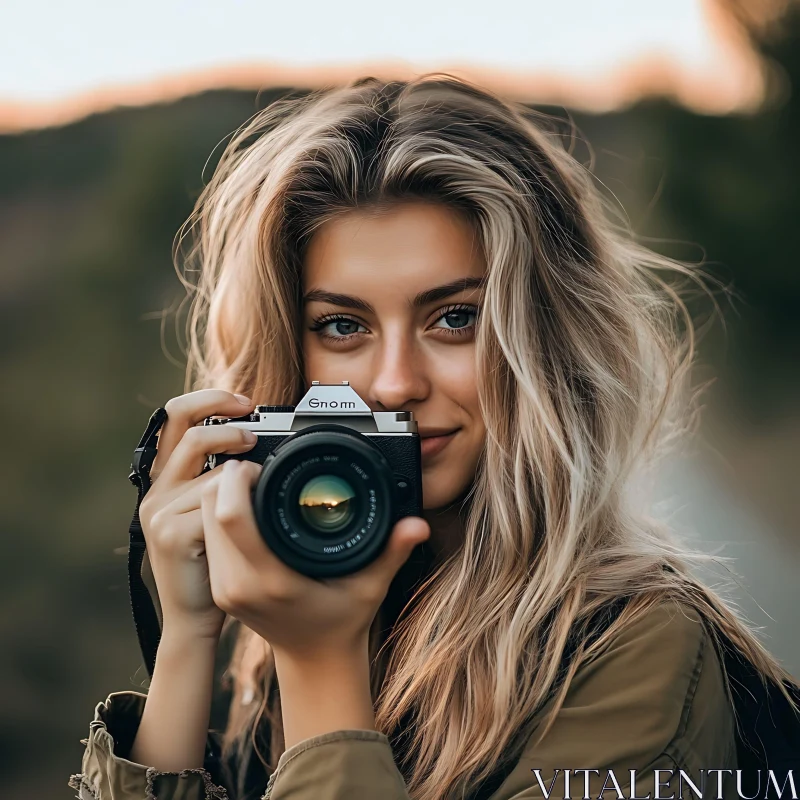 AI ART Blonde Woman Holding Camera Outdoors