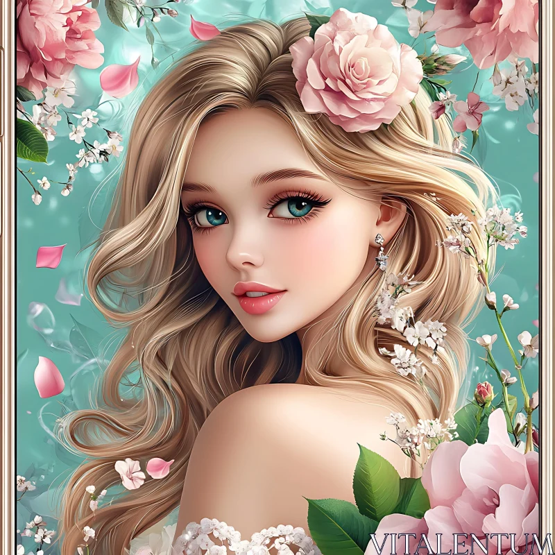 AI ART Blonde Woman Surrounded by Flowers