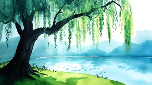 Serene Lakeside with Willow Tree