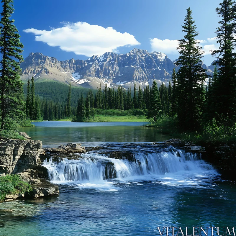 Tranquil Alpine Lake and Waterfall Amidst Pines AI Image