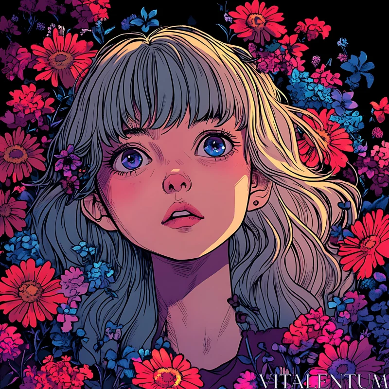 Anime Portrait of a Girl with Vibrant Floral Background AI Image