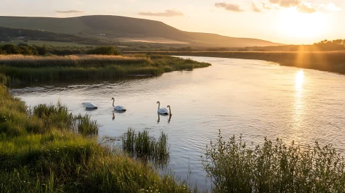 Peaceful Sunset River Landscape with Swans