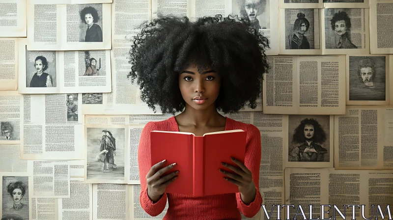 Red-clad Woman with Book in Literary Setting AI Image