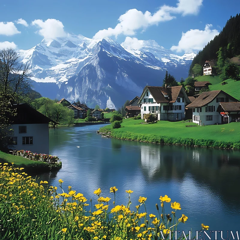 Tranquil Landscape of Village and Lake AI Image