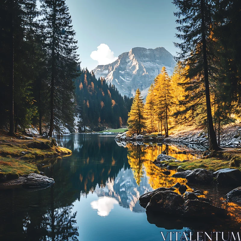 Tranquil Autumn Lake Amidst Forest and Mountains AI Image