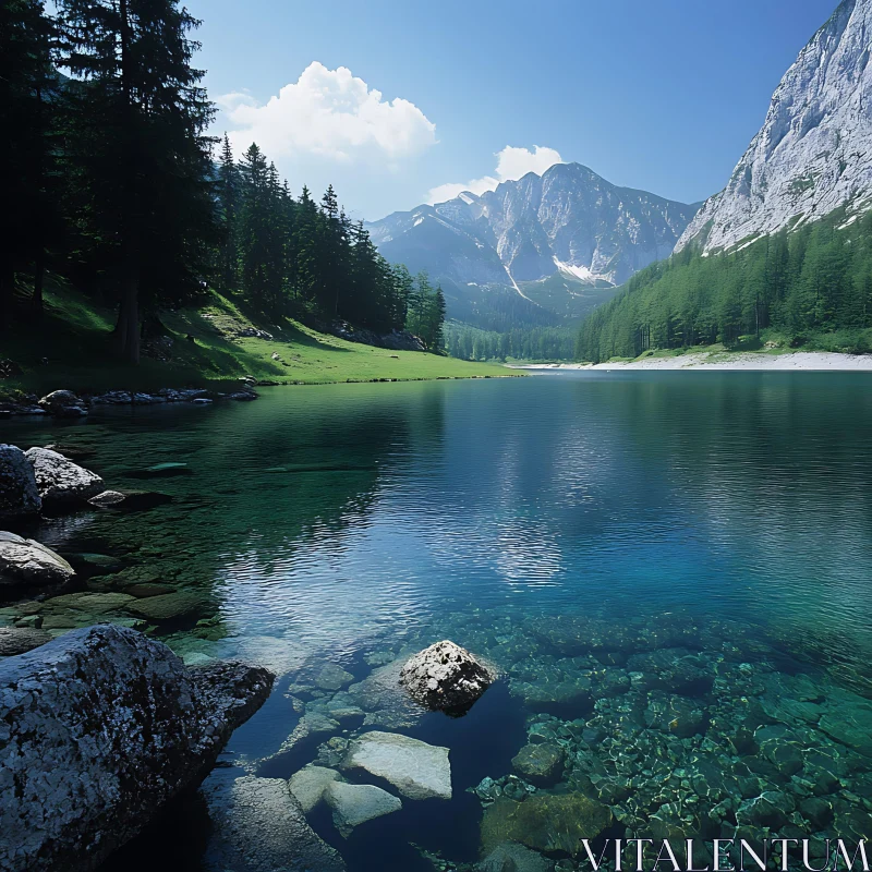 Peaceful Lake Amidst Mountains and Forest AI Image