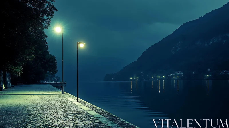 Mysterious Nighttime Lake Scene AI Image