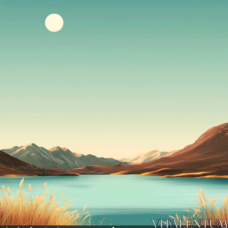 AI ART Tranquil Lake and Golden Sunset Among Mountains