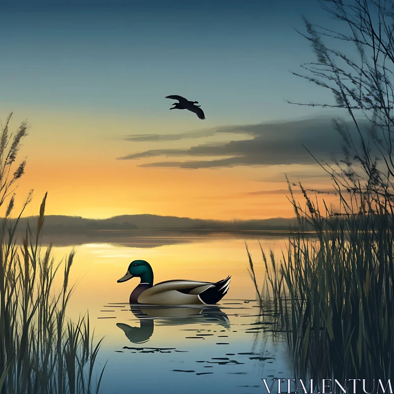 Sunrise Over Tranquil Lake with Duck AI Image