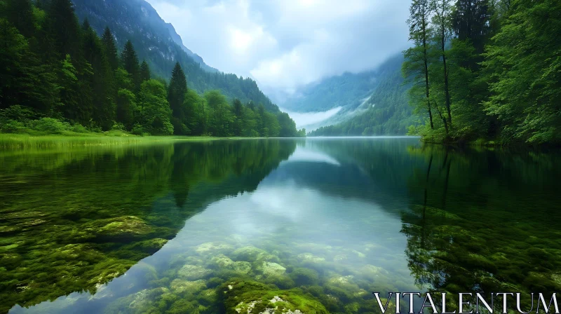 Tranquil Mountain Lake with Forest Reflections AI Image