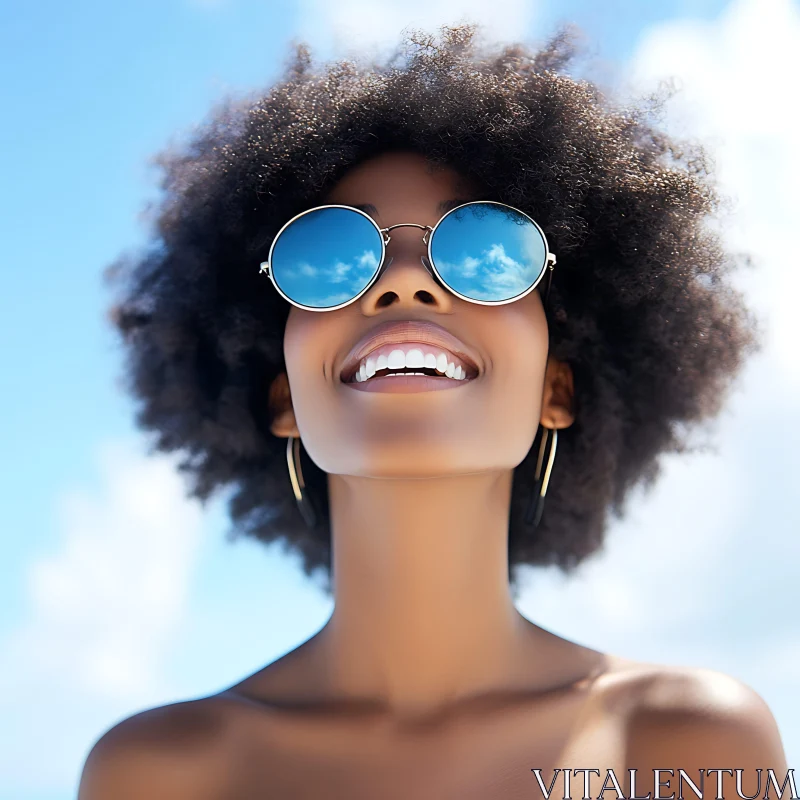 Smiling Woman in Round Sunglasses Against Blue Sky AI Image