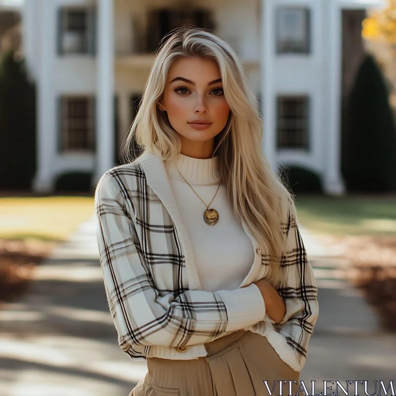 AI ART Graceful Blonde Lady Standing Before Historic Mansion