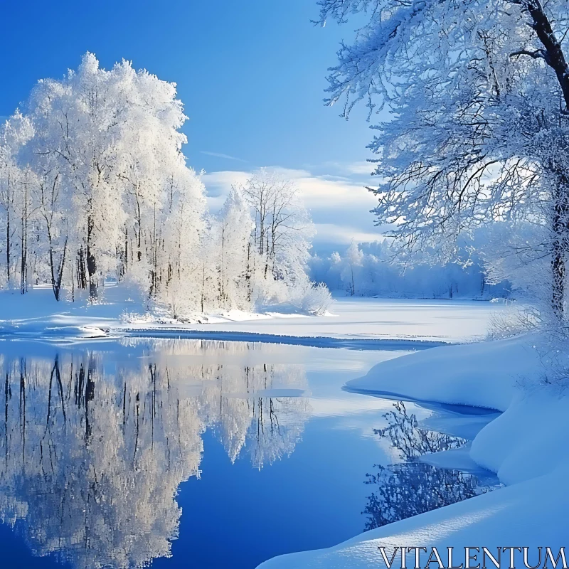 Serene Snowy Lake with Frost-coated Trees AI Image