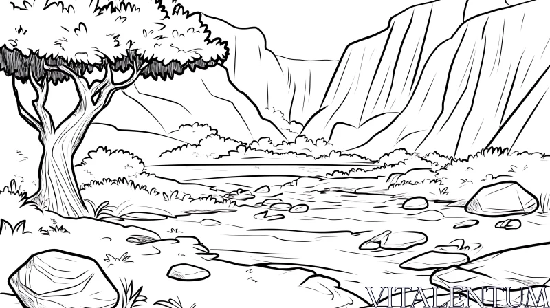 Majestic Mountain and River Scene Illustration AI Image