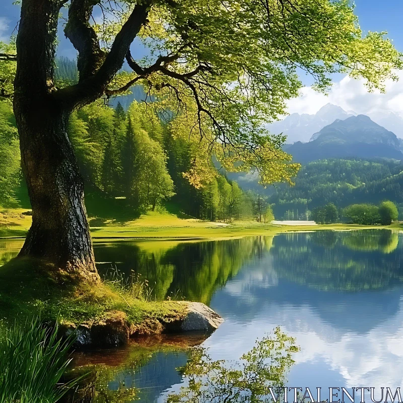 Tranquil Lake with Reflected Trees and Mountains AI Image