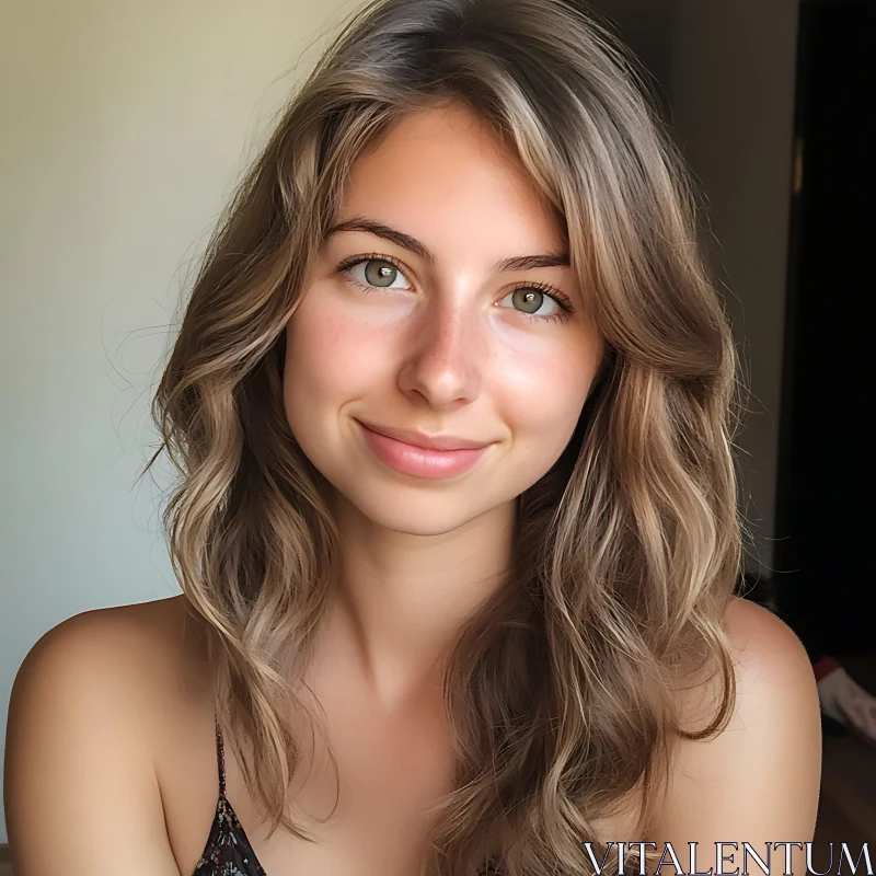 Smiling Woman with Wavy Light Brown Hair AI Image