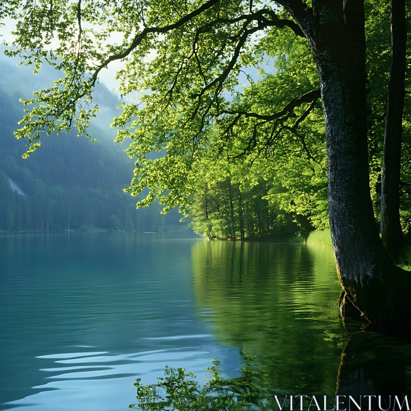 Peaceful Forested Lake with Sunlight and Trees Reflection AI Image