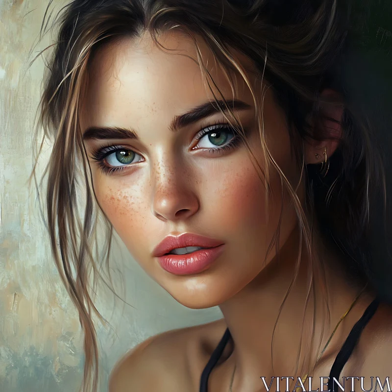 Exquisite Female Portrait with Freckles and Green Eyes AI Image