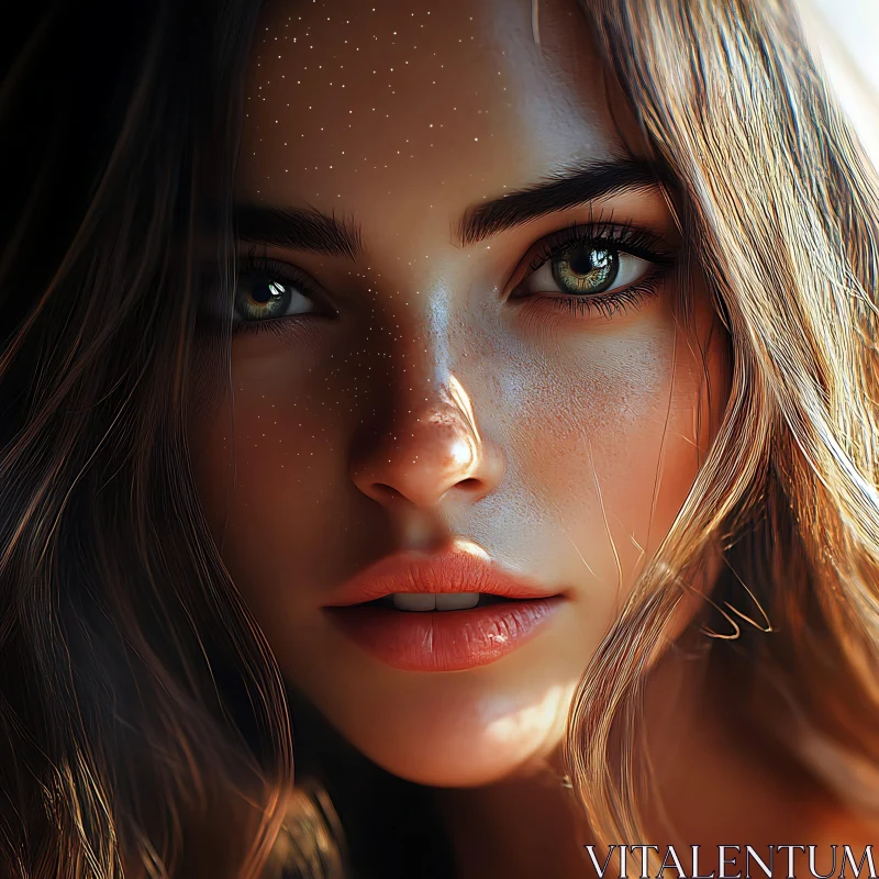 Realistic Woman Portrait with Freckles and Green Eyes AI Image